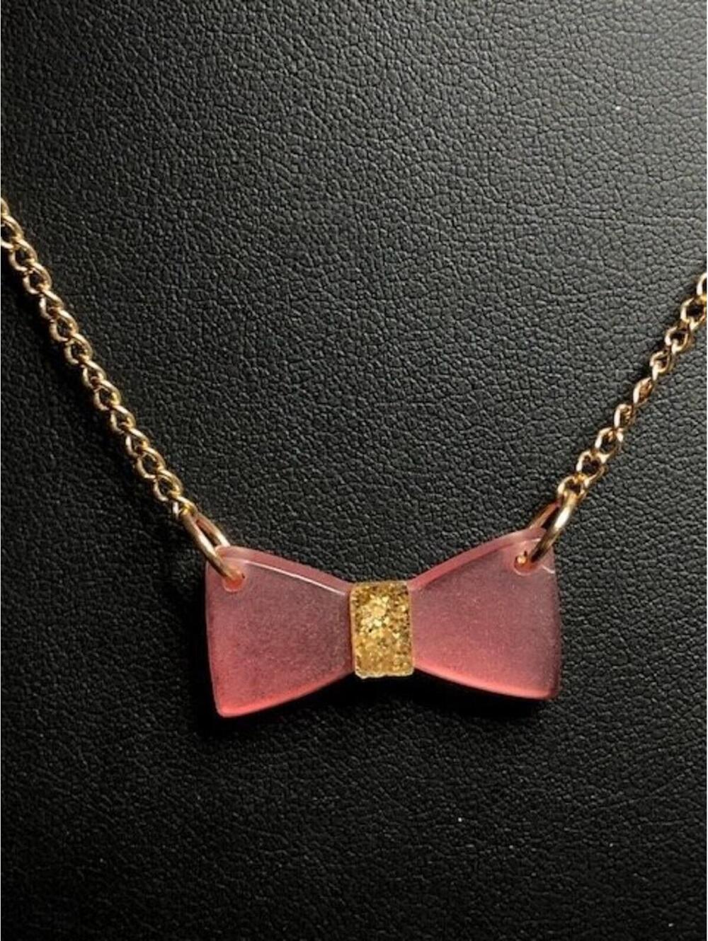 B3485 Meri Meri Belle Pink Glitter Bow Necklace   Gold tone 18-20"